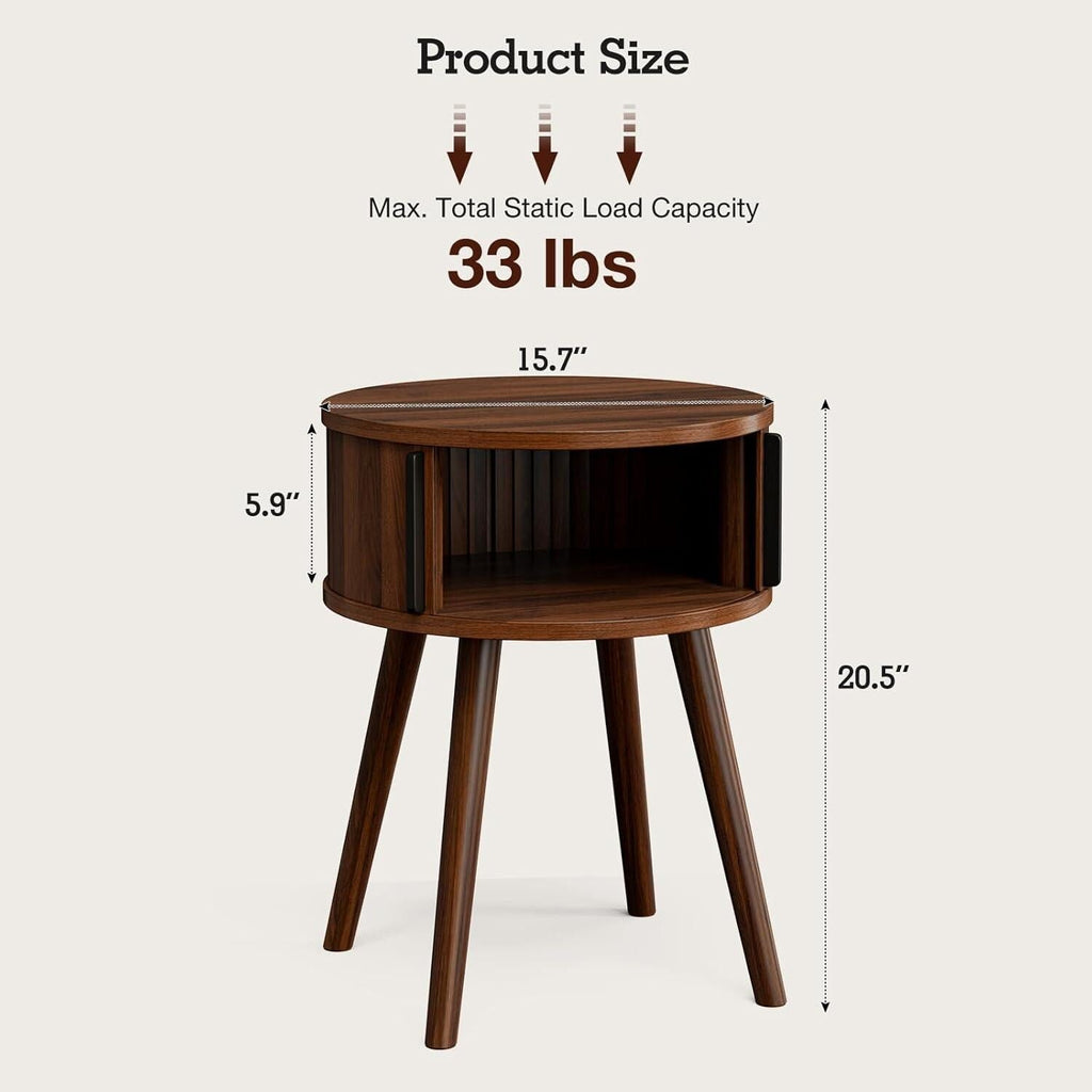Round Walnut Side Table, Mid-Century Modern Nightstand with Sliding Door Storage