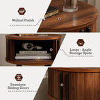 Round Walnut Side Table, Mid-Century Modern Nightstand with Sliding Door Storage