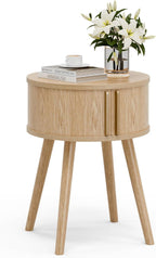 Round Walnut Side Table, Mid-Century Modern Nightstand with Sliding Door Storage