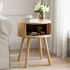 Round Walnut Side Table, Mid-Century Modern Nightstand with Sliding Door Storage