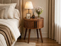 Round Walnut Side Table, Mid-Century Modern Nightstand with Sliding Door Storage