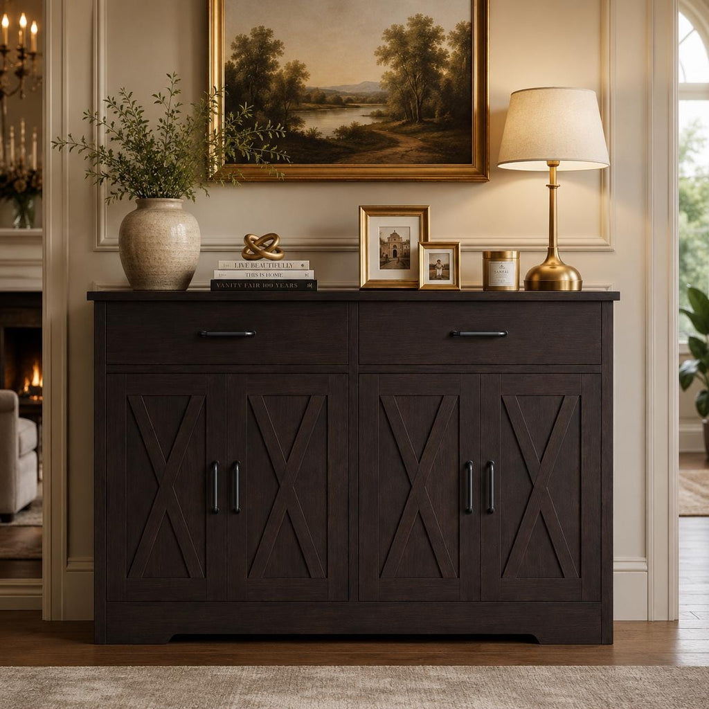 Modern Farmhouse Buffet Cabinet with Barn Doors, 47.2" Storage Sideboard Coffee Bar