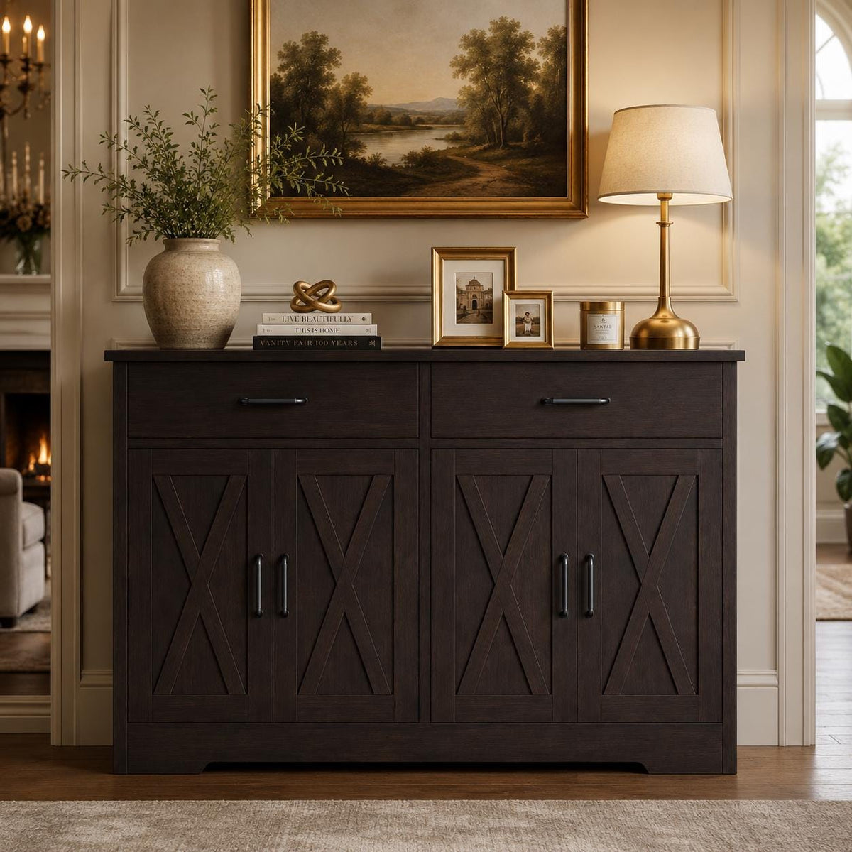 Modern Farmhouse Buffet Cabinet with Barn Doors, 47.2" Storage Sideboard Coffee Bar