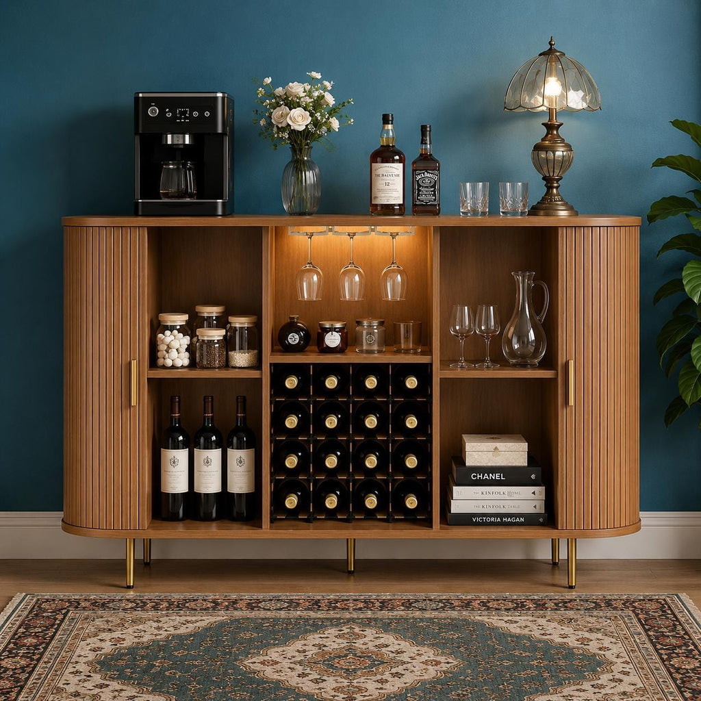 Mid Century Modern Wine Bar Cabinet with LED Lights & USB Ports
