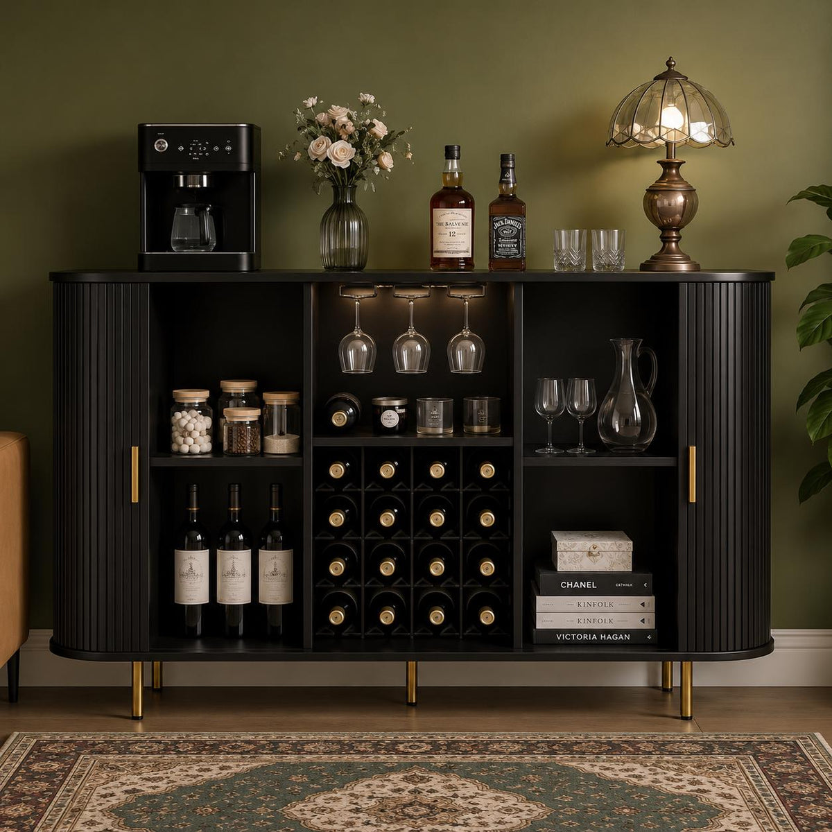Mid Century Modern Wine Bar Cabinet with LED Lights & USB Ports