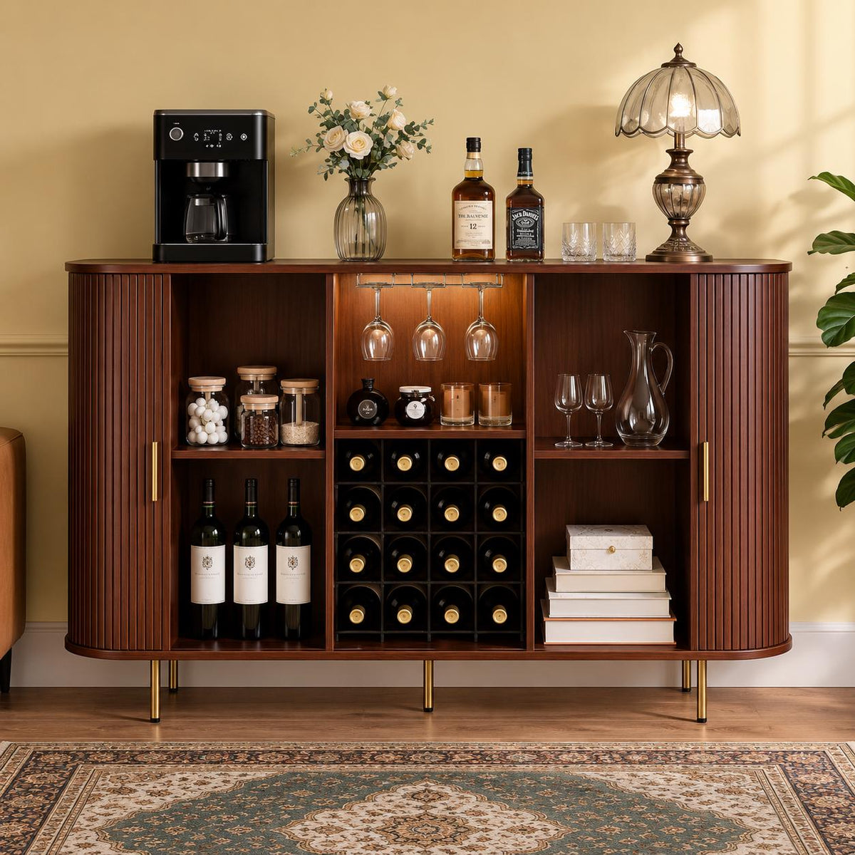 Mid Century Modern Wine Bar Cabinet with LED Lights & USB Ports
