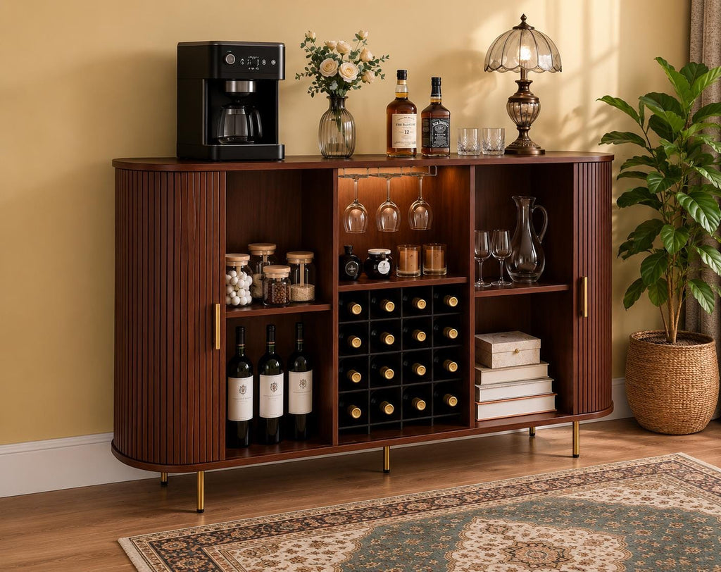 Mid Century Modern Wine Bar Cabinet with LED Lights & USB Ports