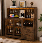 Modern Rustic LED Bar Cabinet with Power Outlets, Wine Rack & Glass Holder