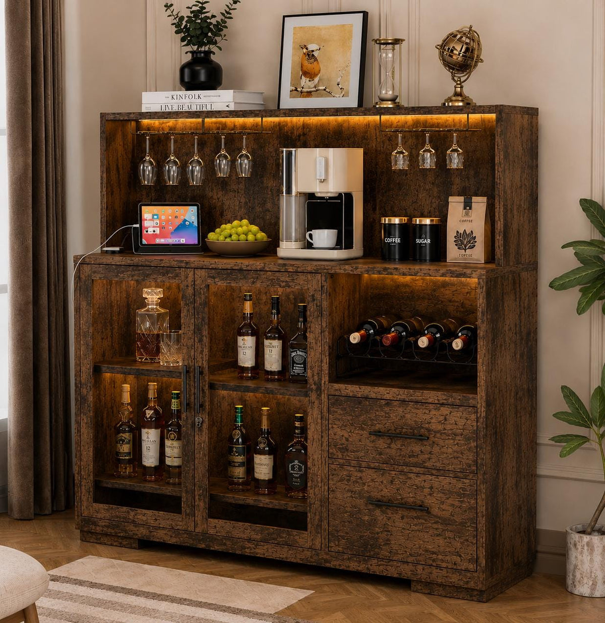 Modern Rustic LED Bar Cabinet with Power Outlets, Wine Rack & Glass Holder