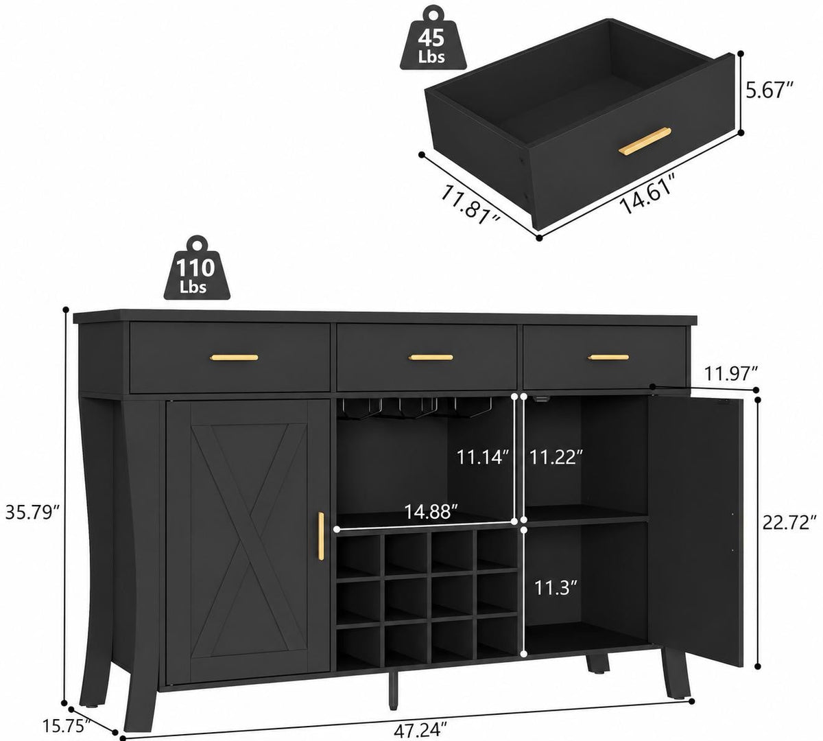 Modern LED Wine Bar Cabinet – Retro Storage Sideboard with Wine Rack & Glass Holder