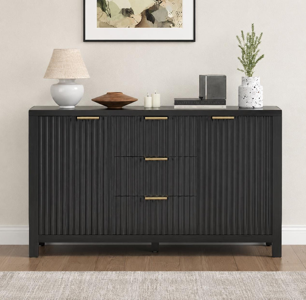 47.2" Black Fluted Sideboard Buffet Cabinet with Storage Drawers, Modern Credenza Console Table for Kitchen, Dining Room & Living Room