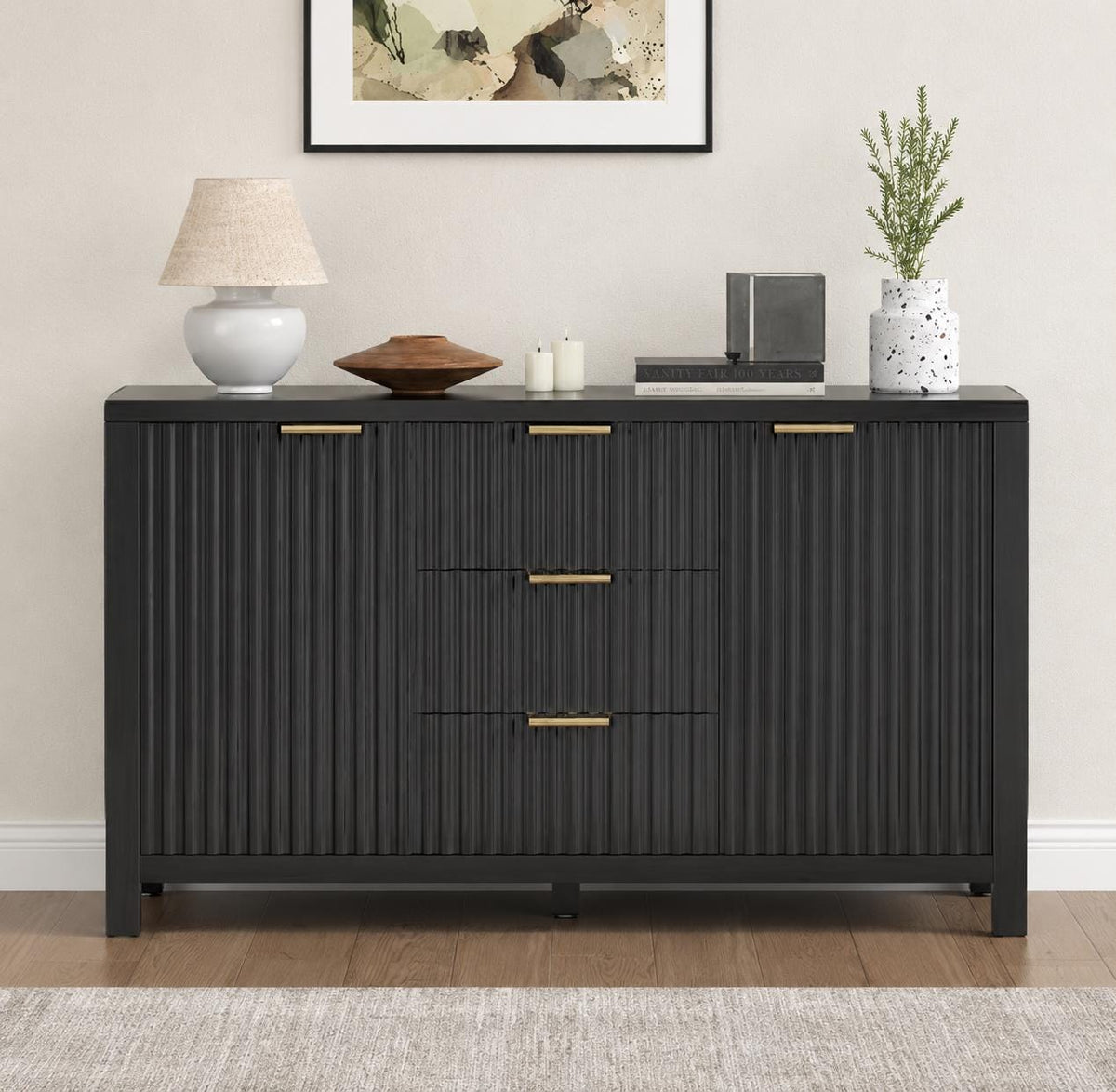 47.2" Black Fluted Sideboard Buffet Cabinet with Storage Drawers, Modern Credenza Console Table for Kitchen, Dining Room & Living Room
