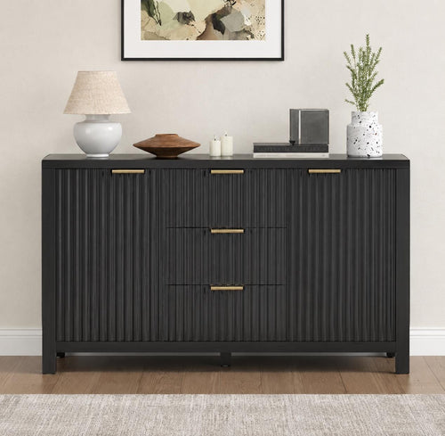 47.2" Black Fluted Sideboard Buffet Cabinet with Storage Drawers, Modern Credenza Console Table for Kitchen, Dining Room & Living Room