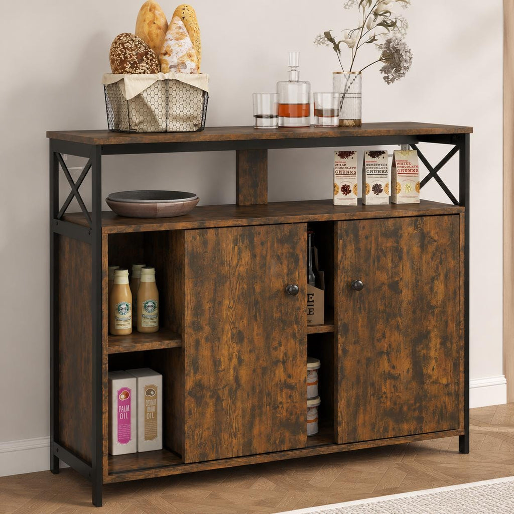 MWOOD Farmhouse Buffet Sideboard Cabinet with Storage, Sliding Door TV Console & Open Shelves for Living Room, Entryway  Kitchen