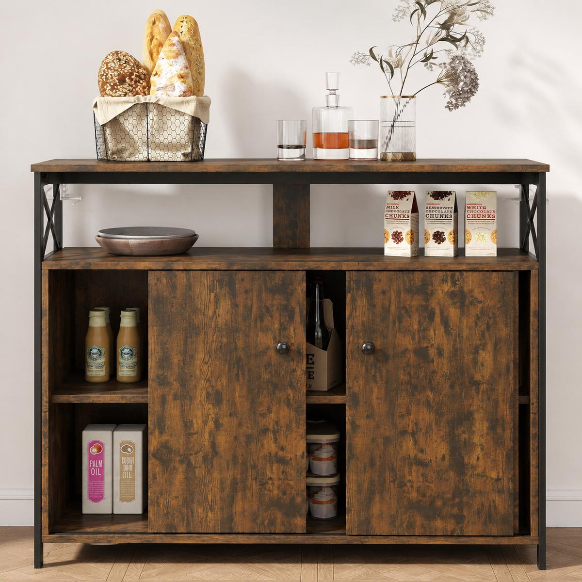 MWOOD Farmhouse Buffet Sideboard Cabinet with Storage, Sliding Door TV Console & Open Shelves for Living Room, Entryway  Kitchen