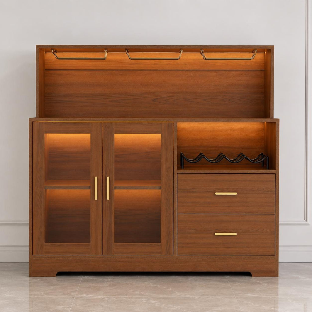 Wine Bar Cabinet with LED Lights & Glass Doors – Modern Storage Sideboard Buffet Cabinet