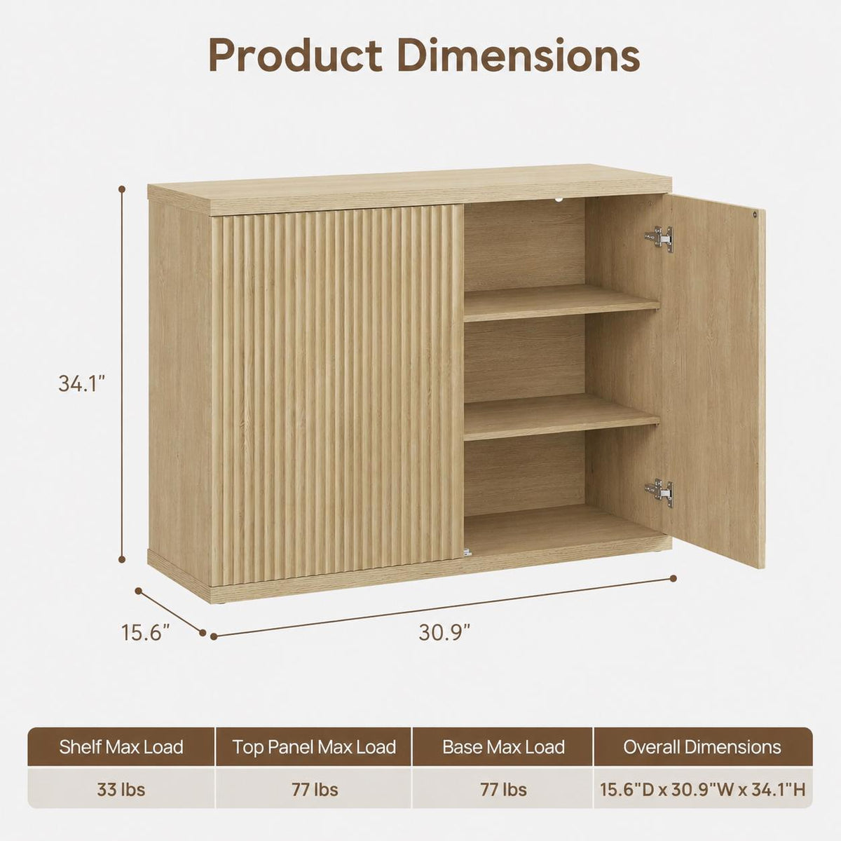 Modern Fluted Sideboard Cabinet, Light Oak Minimalist Buffet, 3 Storage Boxes