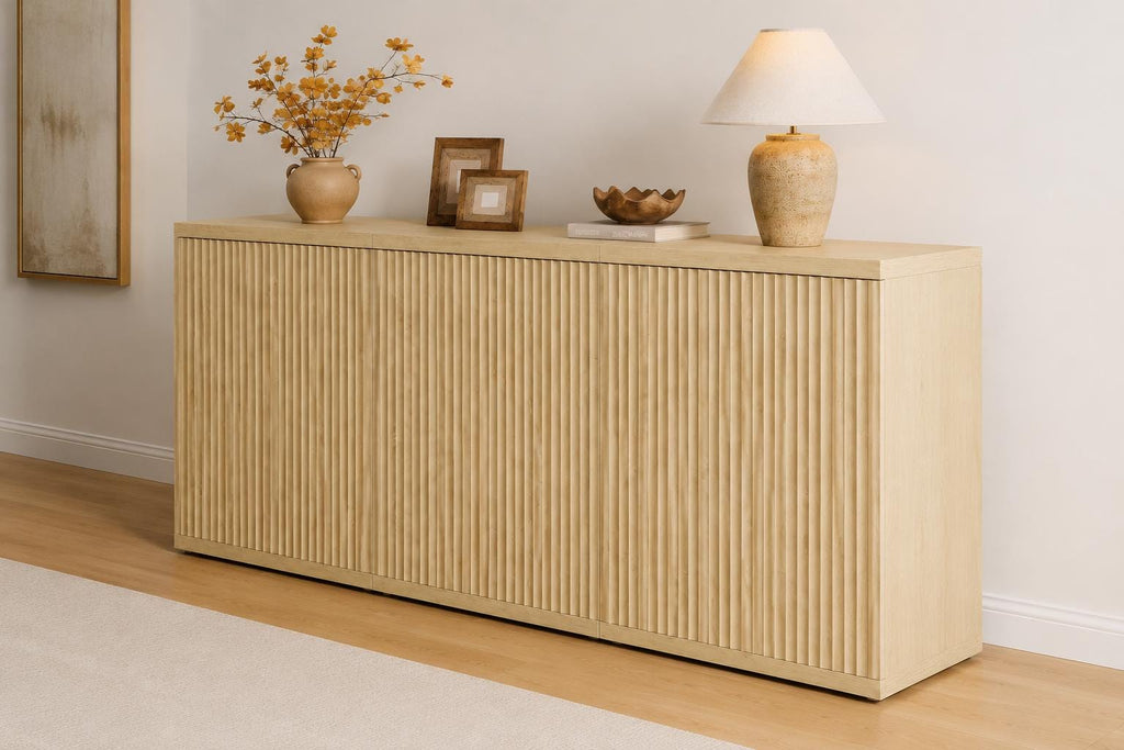 Modern Fluted Sideboard Cabinet, Light Oak Minimalist Buffet, 3 Storage Boxes