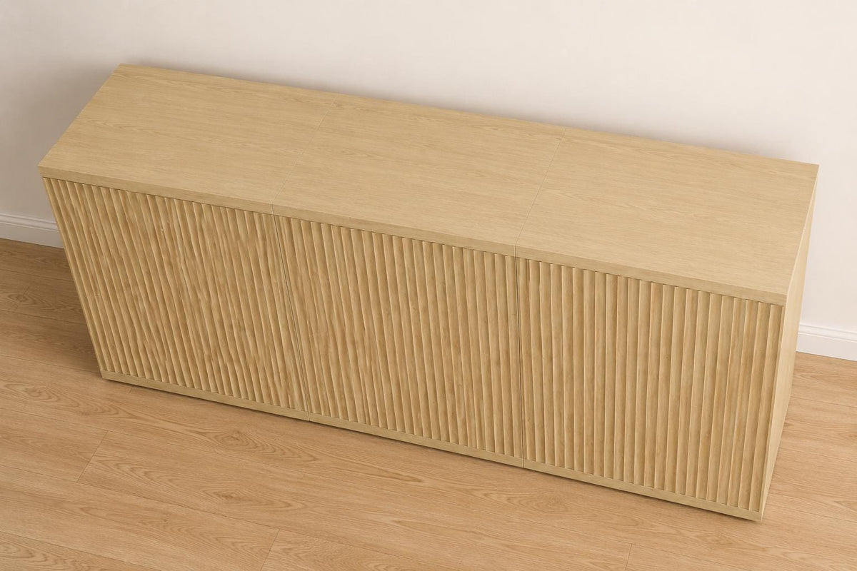 Modern Fluted Sideboard Cabinet, Light Oak Minimalist Buffet, 3 Storage Boxes