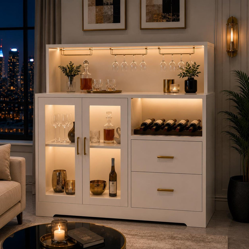 Wine Bar Cabinet with LED Light & Charging Station, Home Coffee Bar Cabinet with Wine Rack and Glass Holder