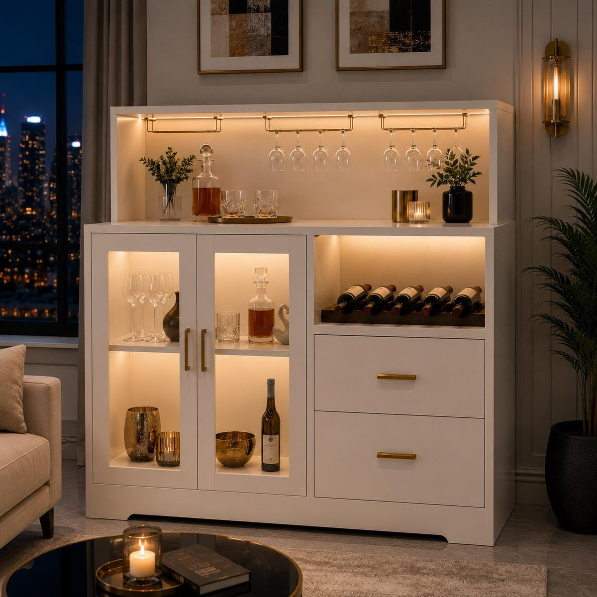 Wine Bar Cabinet with LED Light & Charging Station, Home Coffee Bar Cabinet with Wine Rack and Glass Holder