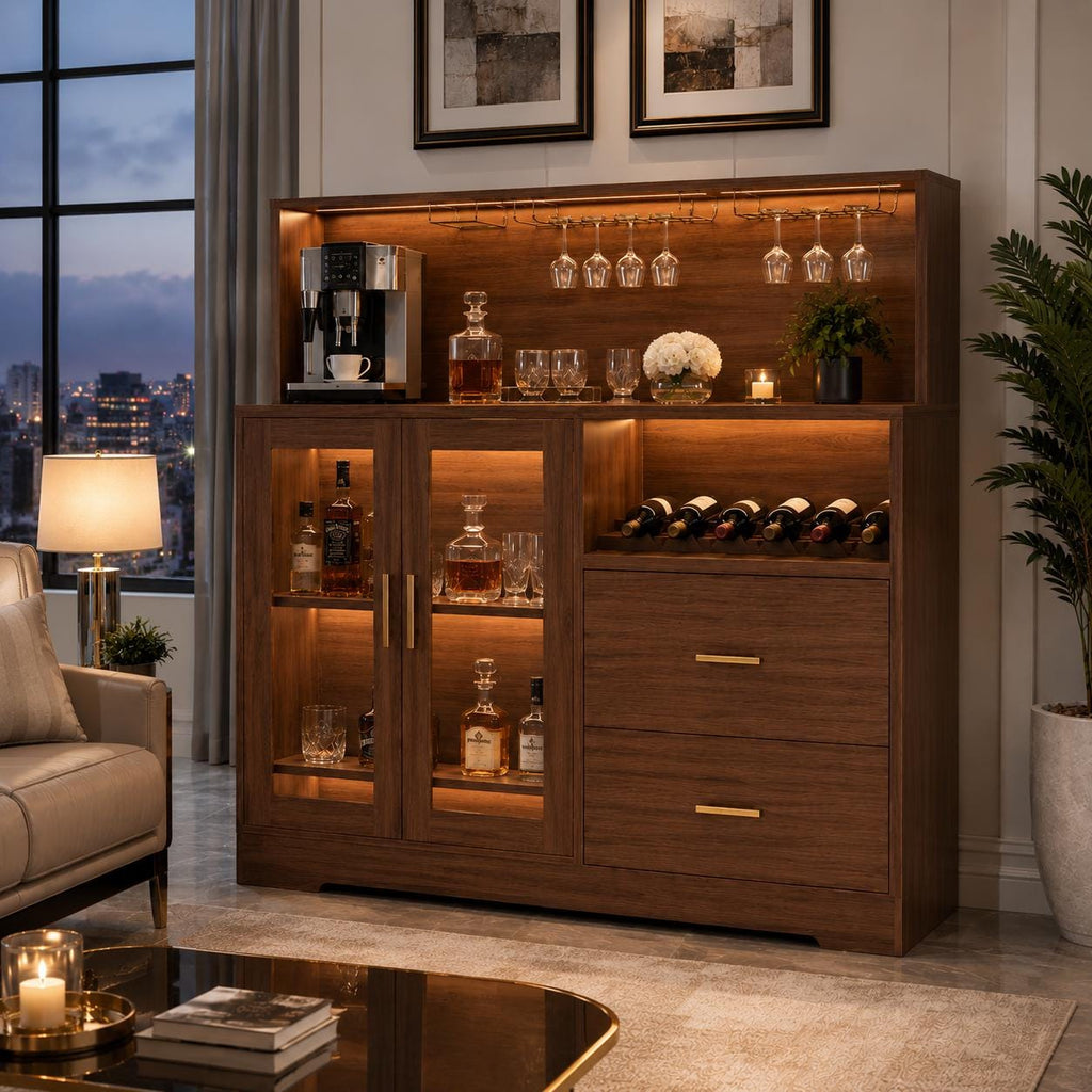 Wine Bar Cabinet with LED Light & Charging Station, Home Coffee Bar Cabinet with Wine Rack and Glass Holder
