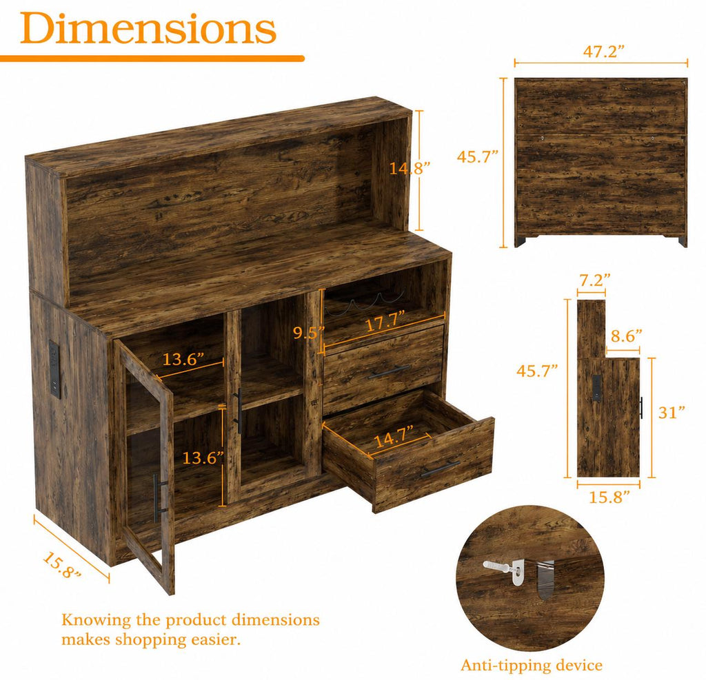 Rustic Farmhouse Coffee Bar Cabinet with LED Lights, Kitchen Storage Station
