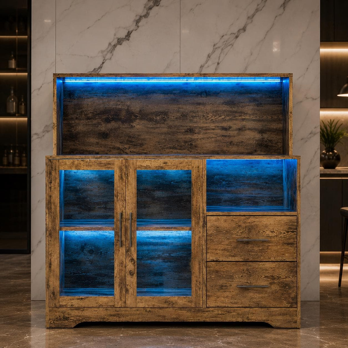 Rustic Farmhouse Coffee Bar Cabinet with LED Lights, Kitchen Storage Station