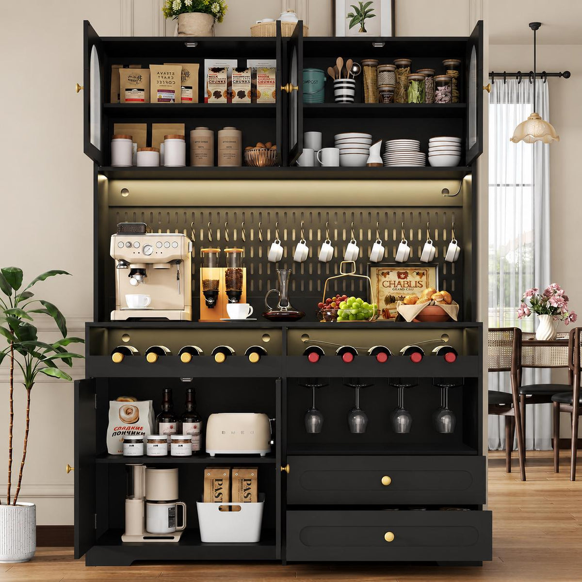 Modern Farmhouse Coffee Bar & Wine Cabinet with LED Lights  Charging Station