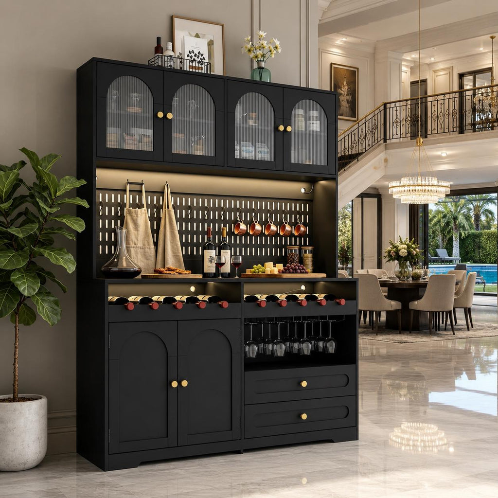 Modern Farmhouse Coffee Bar & Wine Cabinet with LED Lights  Charging Station