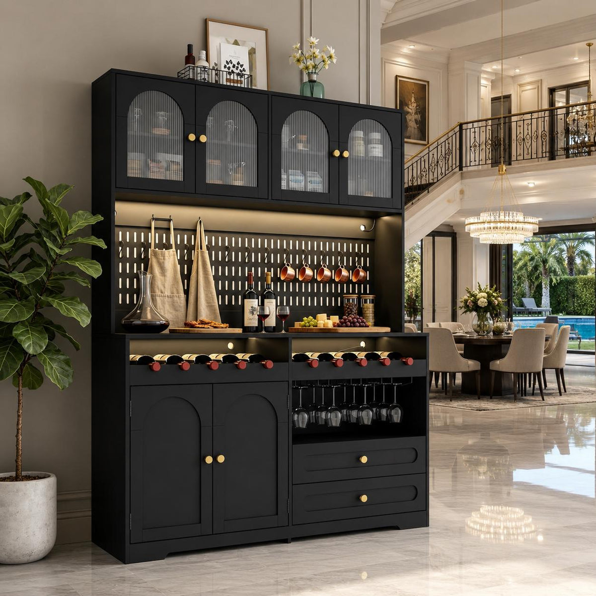 Modern Farmhouse Coffee Bar & Wine Cabinet with LED Lights  Charging Station