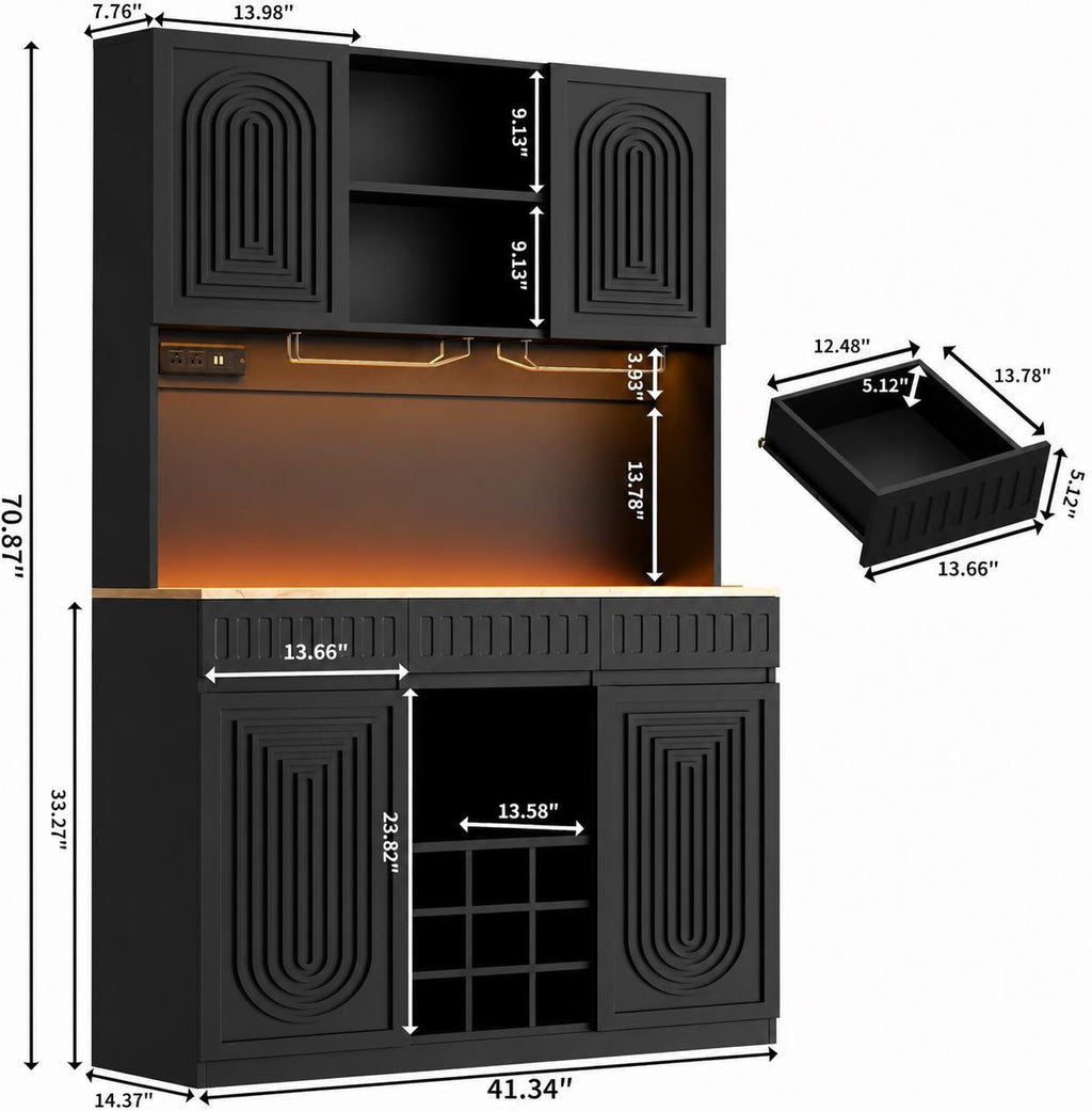 Modern Fluted Wine Bar Cabinet with RGB LED Lights, Charging Station, Wine Rack