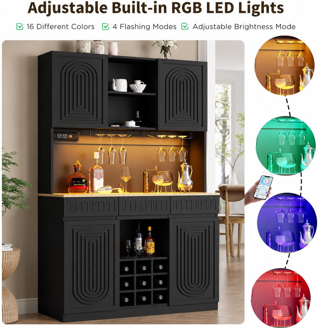 Modern Fluted Wine Bar Cabinet with RGB LED Lights, Charging Station, Wine Rack