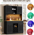 Modern Fluted Wine Bar Cabinet with RGB LED Lights, Charging Station, Wine Rack