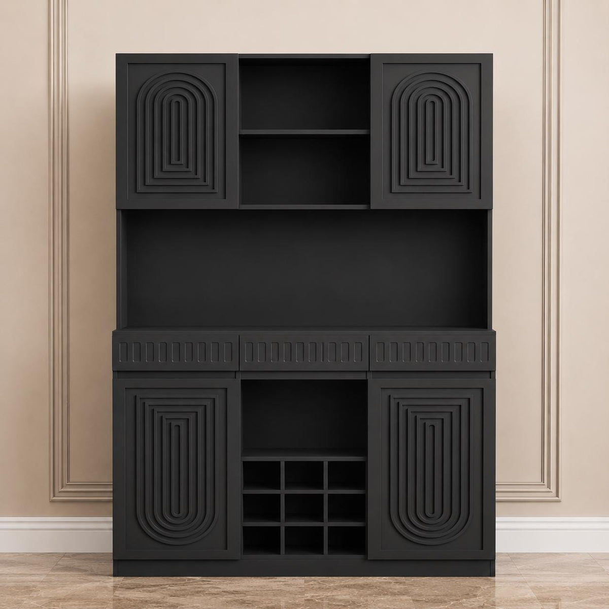 Modern Fluted Wine Bar Cabinet with RGB LED Lights, Charging Station, Wine Rack