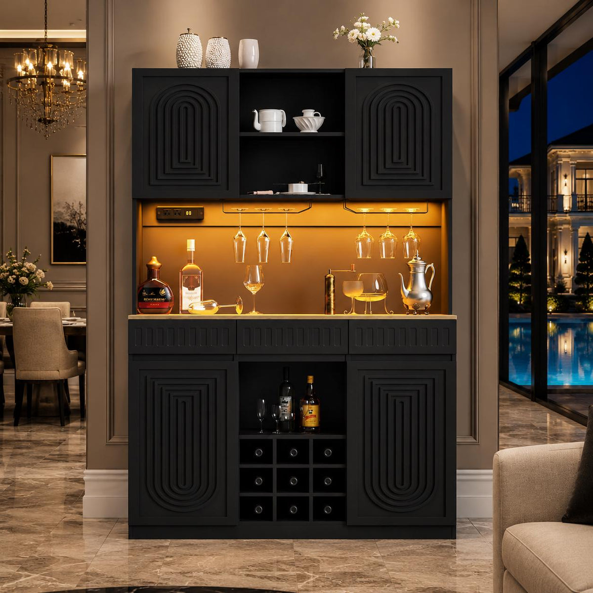 Modern Fluted Wine Bar Cabinet with RGB LED Lights, Charging Station, Wine Rack