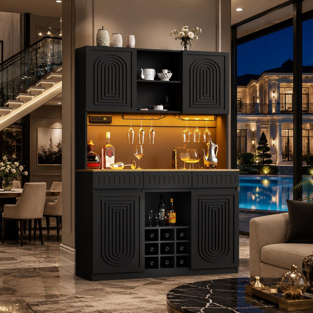 Modern Fluted Wine Bar Cabinet with RGB LED Lights, Charging Station, Wine Rack
