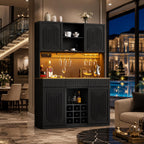 Modern Fluted Wine Bar Cabinet with RGB LED Lights, Charging Station, Wine Rack