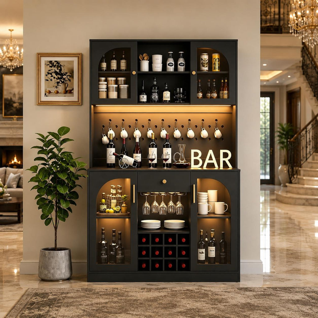 Modern Black Coffee Bar Cabinet, RGB LED Wine Rack, Pegboard Storage, 72 Inch Tall