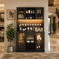 Modern Black Coffee Bar Cabinet, RGB LED Wine Rack, Pegboard Storage, 72 Inch Tall