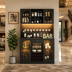 Modern Black Coffee Bar Cabinet, RGB LED Wine Rack, Pegboard Storage, 72 Inch Tall