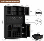 Modern Black Coffee Bar Cabinet, RGB LED Wine Rack, Pegboard Storage, 72 Inch Tall