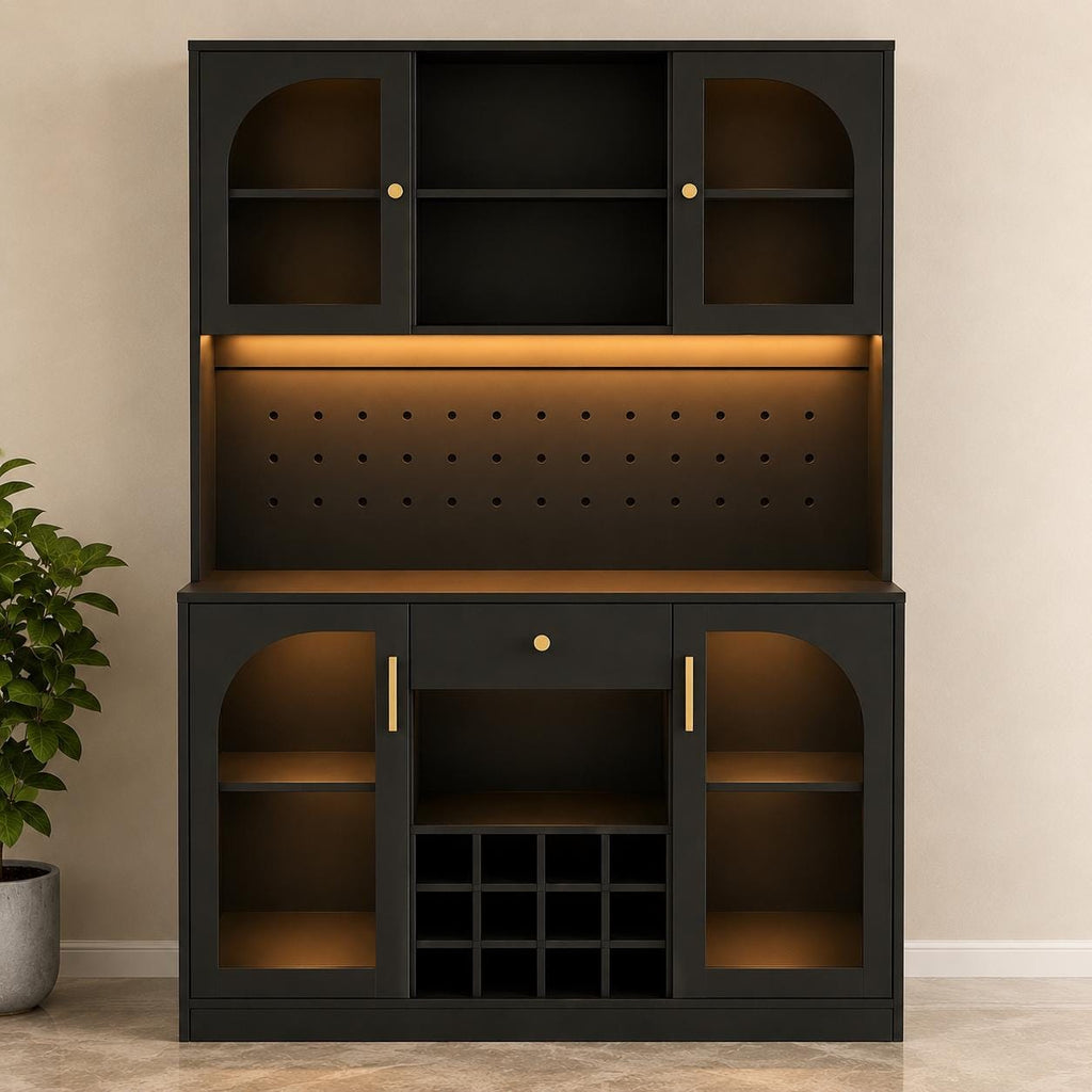 Modern Black Coffee Bar Cabinet, RGB LED Wine Rack, Pegboard Storage, 72 Inch Tall
