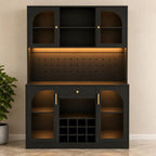 Modern Black Coffee Bar Cabinet, RGB LED Wine Rack, Pegboard Storage, 72 Inch Tall