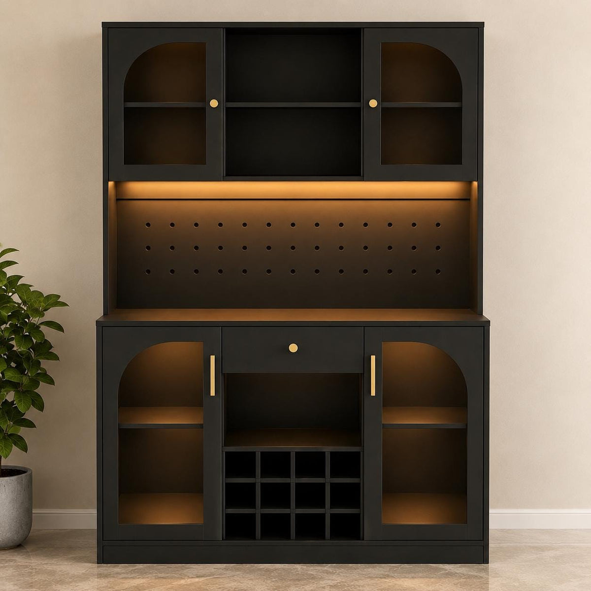 Modern Black Coffee Bar Cabinet, RGB LED Wine Rack, Pegboard Storage, 72 Inch Tall