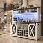 63" Farmhouse Coffee Bar Cabinet with LED Lights & Sliding Barn Doors