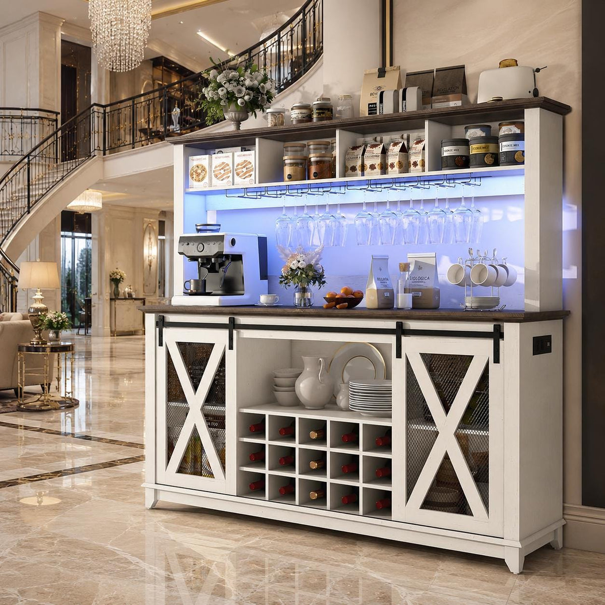 63" Farmhouse Coffee Bar Cabinet with LED Lights & Sliding Barn Doors