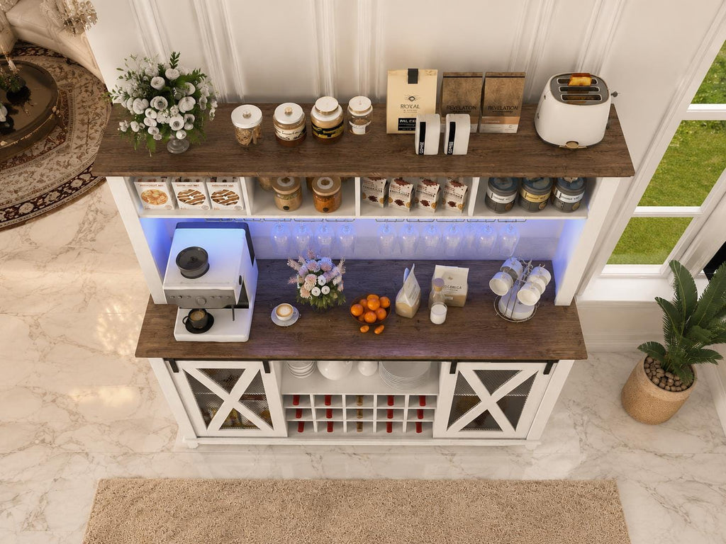 63" Farmhouse Coffee Bar Cabinet with LED Lights & Sliding Barn Doors