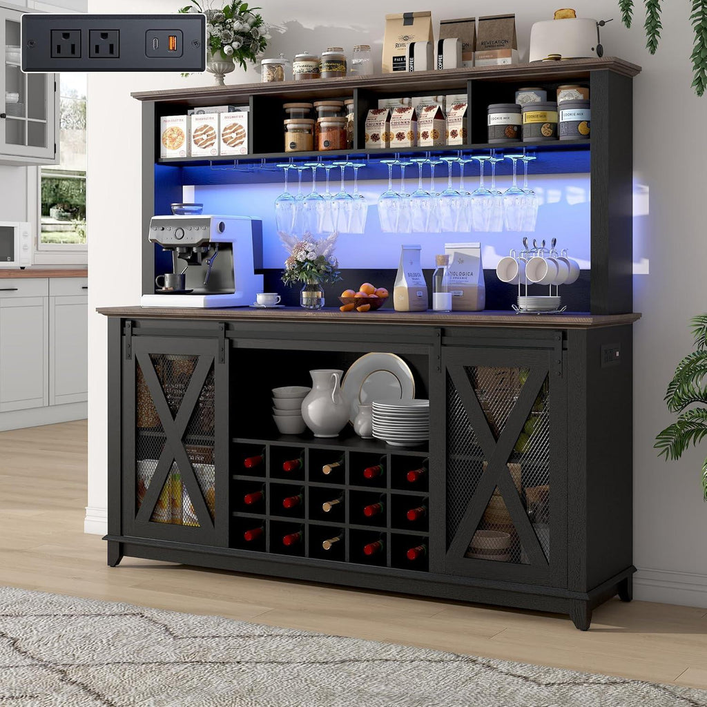 63" Farmhouse Coffee Bar Cabinet with LED Lights & Sliding Barn Doors