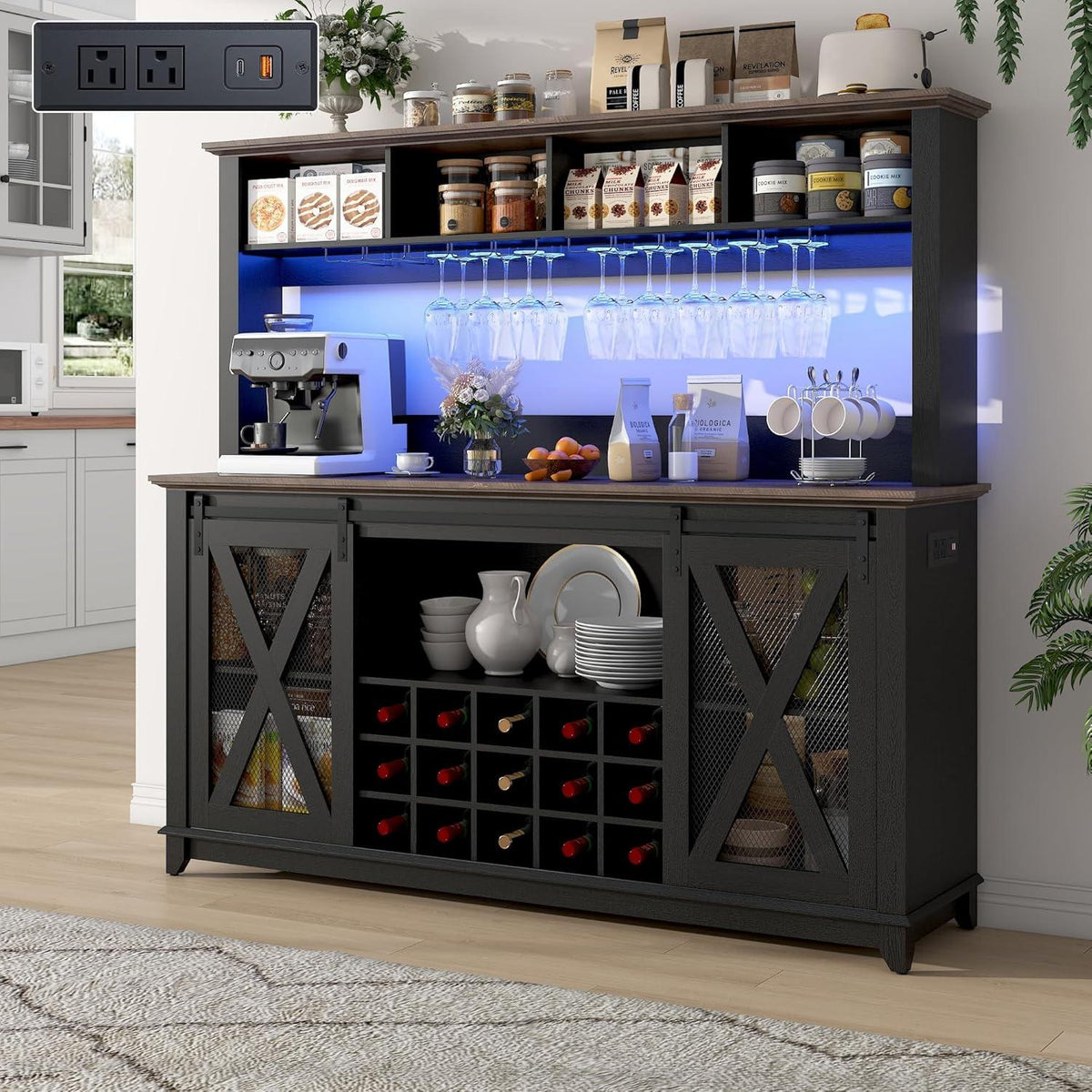 63" Farmhouse Coffee Bar Cabinet with LED Lights & Sliding Barn Doors